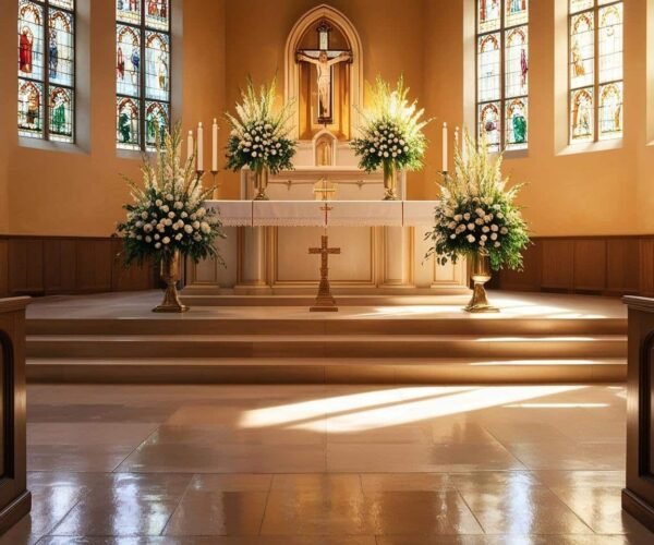 A serene image of the church altar or sanctuary, emphasizing its cleanliness and inviting atmosphere. A serene image of the church altar or sanctuary, emphasizing its cleanliness and inviting atmosphere.